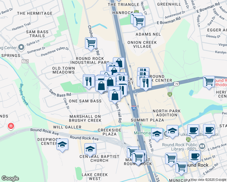 map of restaurants, bars, coffee shops, grocery stores, and more near 801 Sam Bass Road in Round Rock