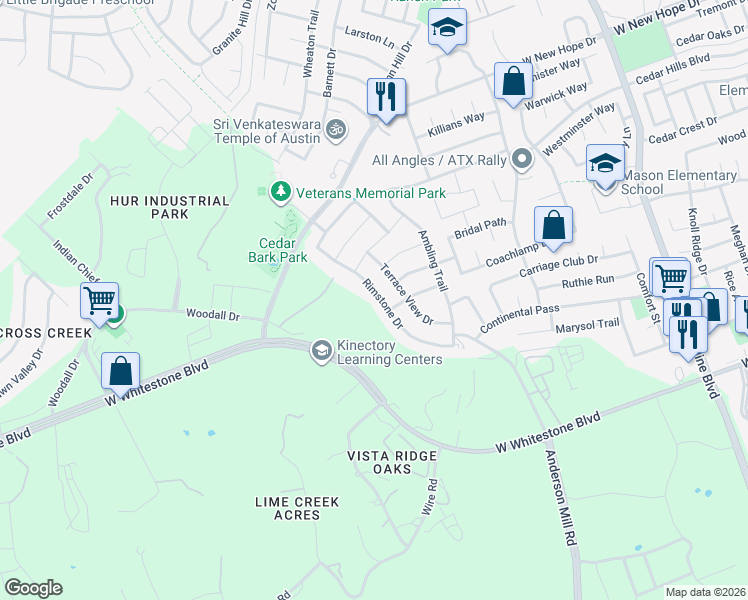 map of restaurants, bars, coffee shops, grocery stores, and more near 1513 Rimstone Drive in Cedar Park