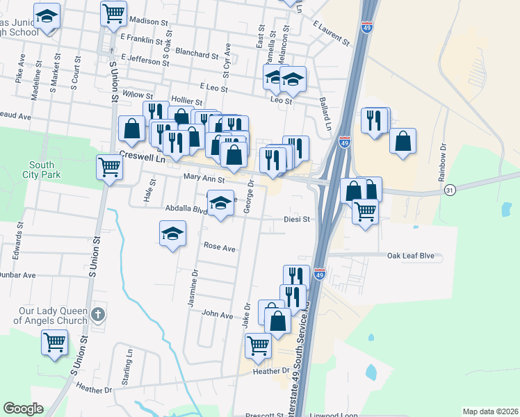 map of restaurants, bars, coffee shops, grocery stores, and more near 1512 Jake Drive in Opelousas