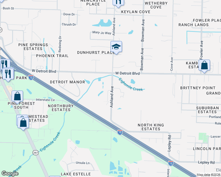 map of restaurants, bars, coffee shops, grocery stores, and more near 4171-4547 Ashland Avenue in Pensacola