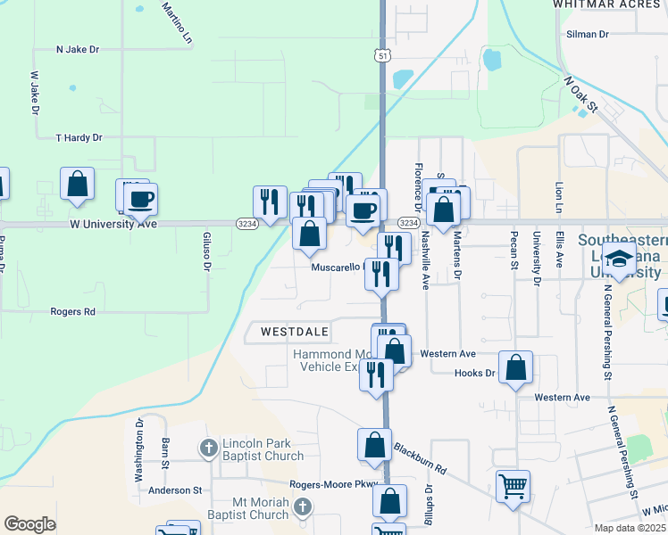 map of restaurants, bars, coffee shops, grocery stores, and more near 14717 Muscarello Road in Hammond