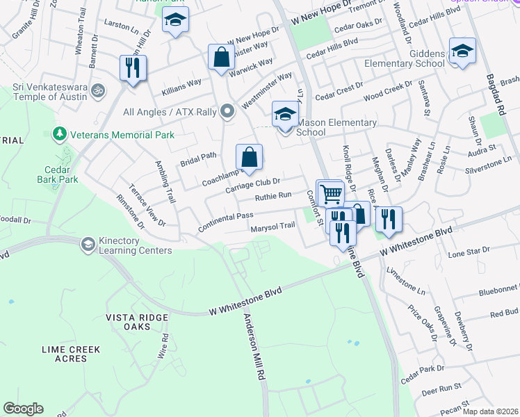 map of restaurants, bars, coffee shops, grocery stores, and more near 1904 Ruthie Run in Cedar Park