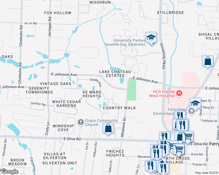 map of restaurants, bars, coffee shops, grocery stores, and more near 1451 East Johnson Avenue in Pensacola