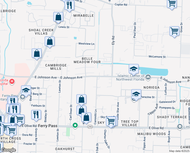 map of restaurants, bars, coffee shops, grocery stores, and more near 2887 East Johnson Avenue in Pensacola