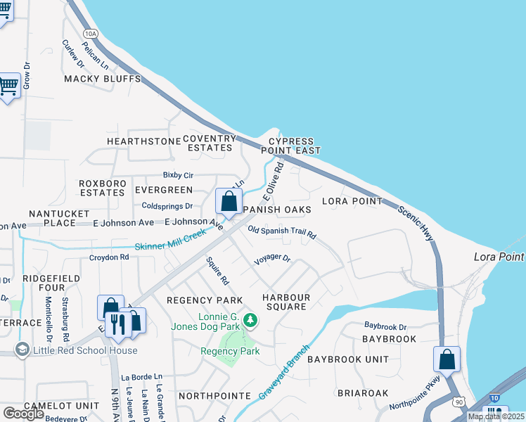 map of restaurants, bars, coffee shops, grocery stores, and more near 4685 Calle Ladera in Pensacola