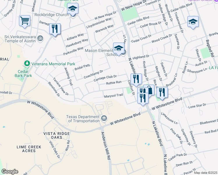 map of restaurants, bars, coffee shops, grocery stores, and more near 1905 Continental Pass in Cedar Park