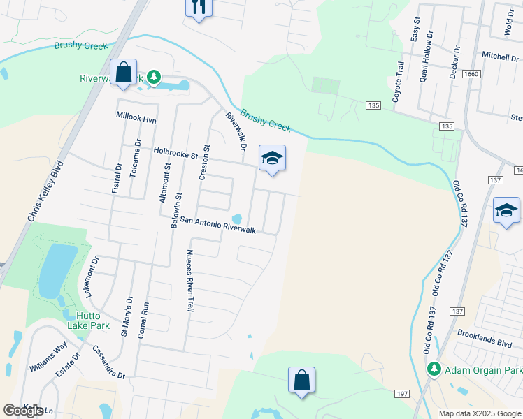 map of restaurants, bars, coffee shops, grocery stores, and more near 110 Leona River Trail in Hutto