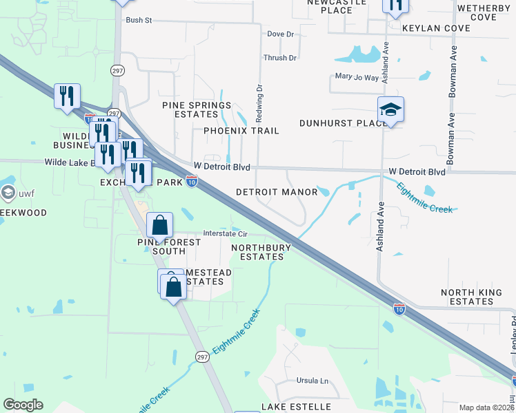 map of restaurants, bars, coffee shops, grocery stores, and more near 8327 Raleigh Circle in Pensacola