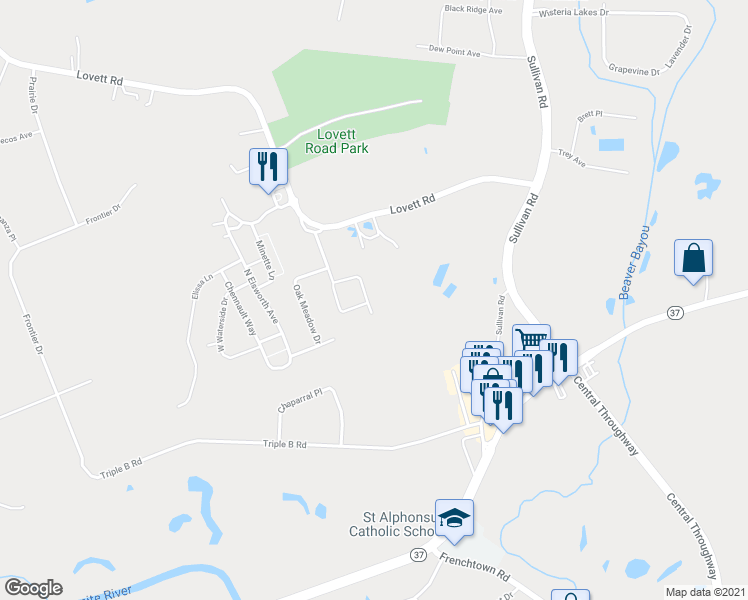 map of restaurants, bars, coffee shops, grocery stores, and more near 7318 Woodlett Drive in Baton Rouge