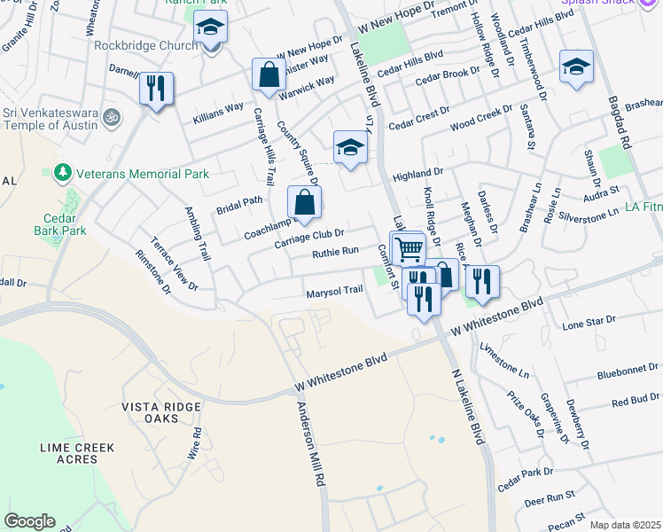 map of restaurants, bars, coffee shops, grocery stores, and more near 1904 Ruthie Run in Cedar Park