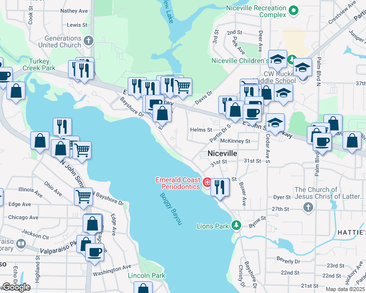 map of restaurants, bars, coffee shops, grocery stores, and more near 323 Grand Oaks Drive in Niceville