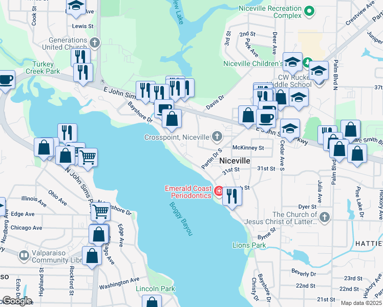 map of restaurants, bars, coffee shops, grocery stores, and more near 322 Grand Oaks Drive in Niceville