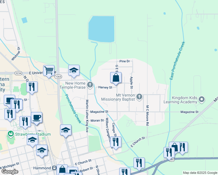 map of restaurants, bars, coffee shops, grocery stores, and more near 1303 Harvey Street in Hammond