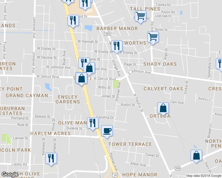 map of restaurants, bars, coffee shops, grocery stores, and more near 8361 Dudley Avenue in Pensacola