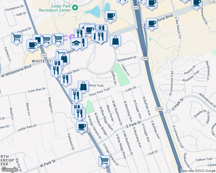 map of restaurants, bars, coffee shops, grocery stores, and more near 503 Dry Bean Cove in Cedar Park
