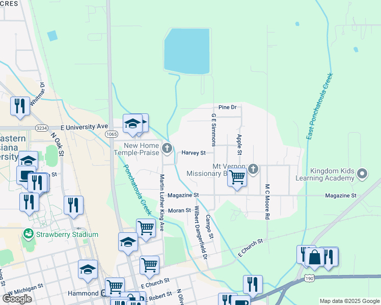 map of restaurants, bars, coffee shops, grocery stores, and more near 1303 Harvey Street in Hammond