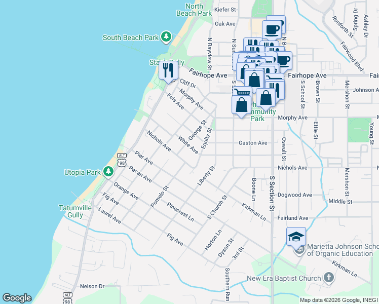 map of restaurants, bars, coffee shops, grocery stores, and more near 307 George Street in Fairhope
