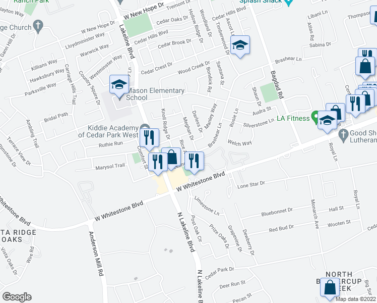 map of restaurants, bars, coffee shops, grocery stores, and more near 1206 Rice Avenue in Cedar Park