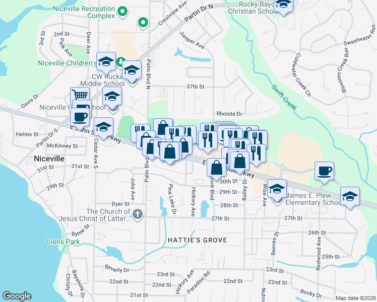 map of restaurants, bars, coffee shops, grocery stores, and more near 1052 E John Sims Pkwy in Niceville