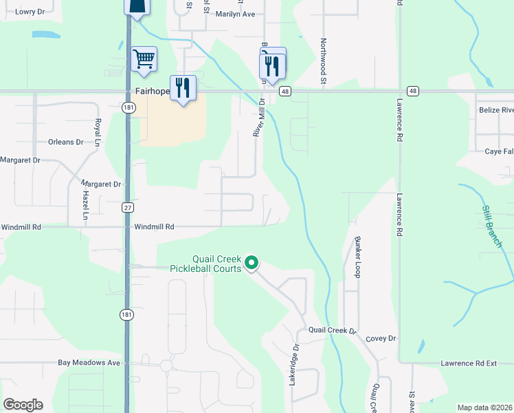 map of restaurants, bars, coffee shops, grocery stores, and more near 10513 South Side Loop in Fairhope