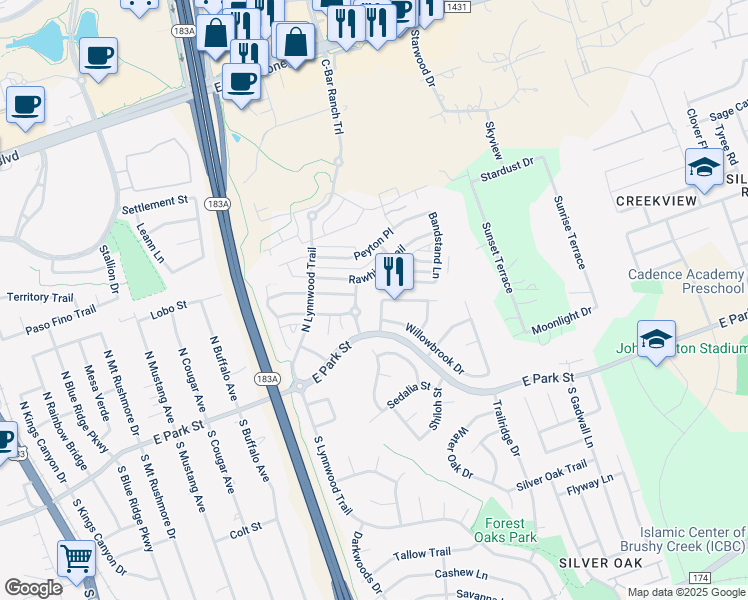 map of restaurants, bars, coffee shops, grocery stores, and more near 113 Tulip Trail Bend in Cedar Park