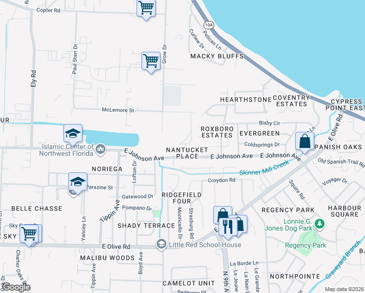 map of restaurants, bars, coffee shops, grocery stores, and more near 8539 Nantucket Place in Pensacola