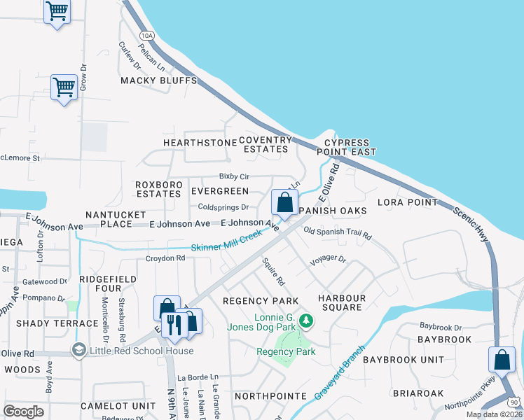 map of restaurants, bars, coffee shops, grocery stores, and more near 8515 Winding Lane in Pensacola