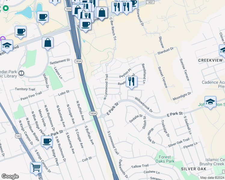map of restaurants, bars, coffee shops, grocery stores, and more near 910 Bogart Road in Cedar Park