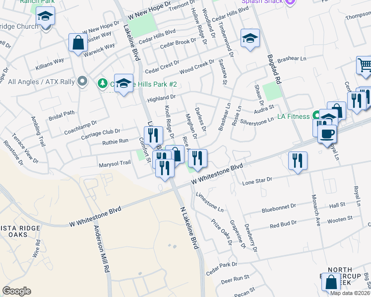 map of restaurants, bars, coffee shops, grocery stores, and more near 1206 Rice Avenue in Cedar Park