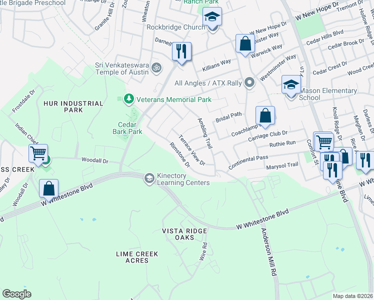 map of restaurants, bars, coffee shops, grocery stores, and more near 1503 Terrace View Drive in Cedar Park
