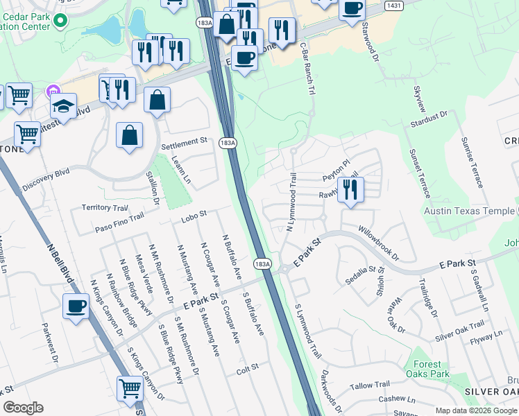 map of restaurants, bars, coffee shops, grocery stores, and more near 307 Lollipop Lane in Cedar Park