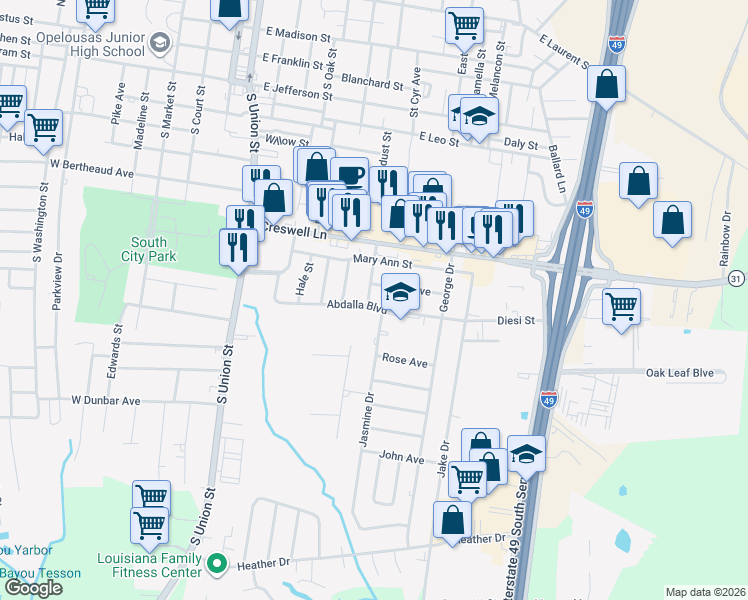 map of restaurants, bars, coffee shops, grocery stores, and more near 1519 Jasmine Drive in Opelousas