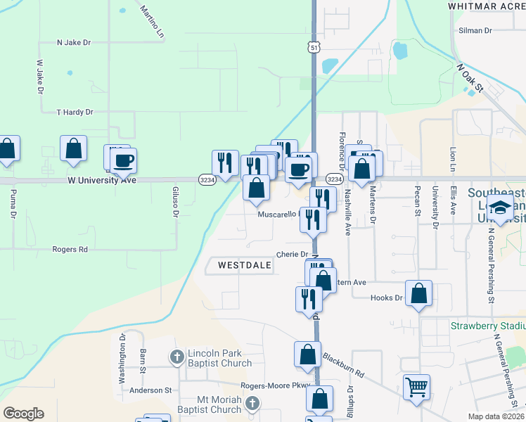 map of restaurants, bars, coffee shops, grocery stores, and more near 45616 University Park Drive in Hammond