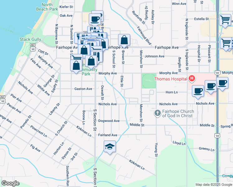 map of restaurants, bars, coffee shops, grocery stores, and more near 301 South School Street in Fairhope