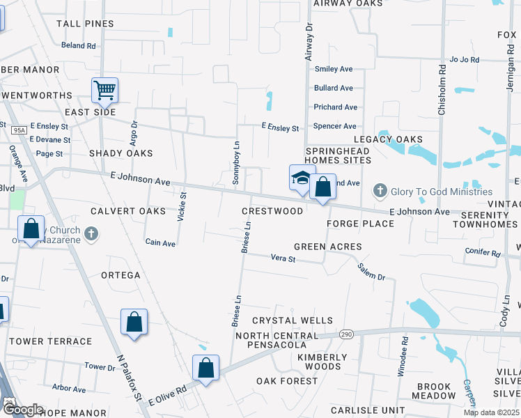 map of restaurants, bars, coffee shops, grocery stores, and more near 316 Pine Ridge Circle in Pensacola
