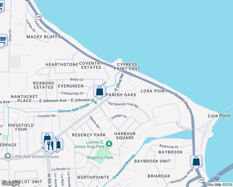 map of restaurants, bars, coffee shops, grocery stores, and more near 4679 Calle Ladera in Pensacola