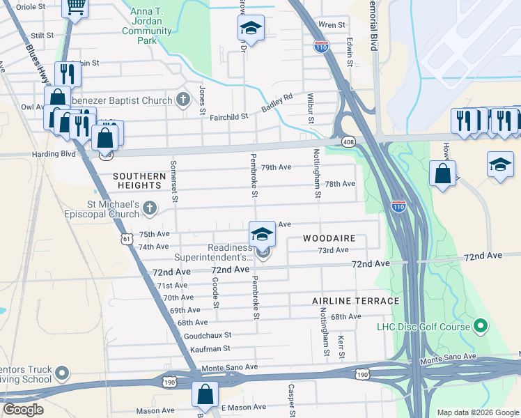 map of restaurants, bars, coffee shops, grocery stores, and more near 2436 Pembroke Street in Baton Rouge