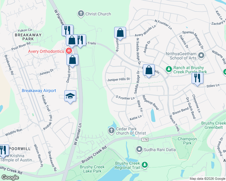 map of restaurants, bars, coffee shops, grocery stores, and more near 600 South Frontier Lane in Cedar Park