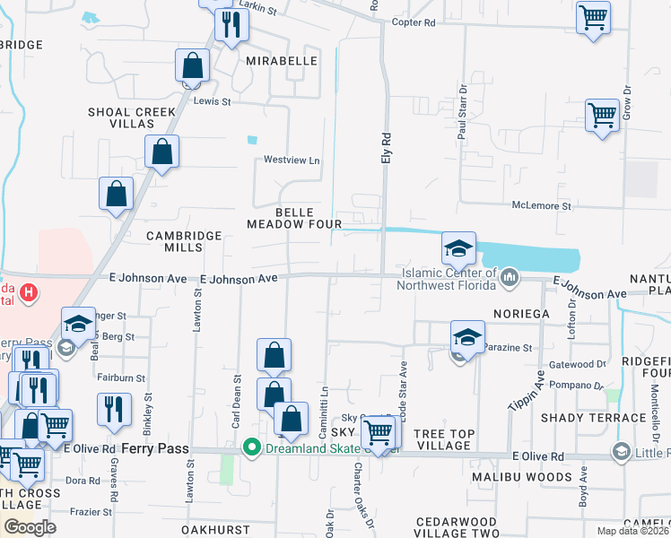 map of restaurants, bars, coffee shops, grocery stores, and more near 2902 East Johnson Avenue in Pensacola