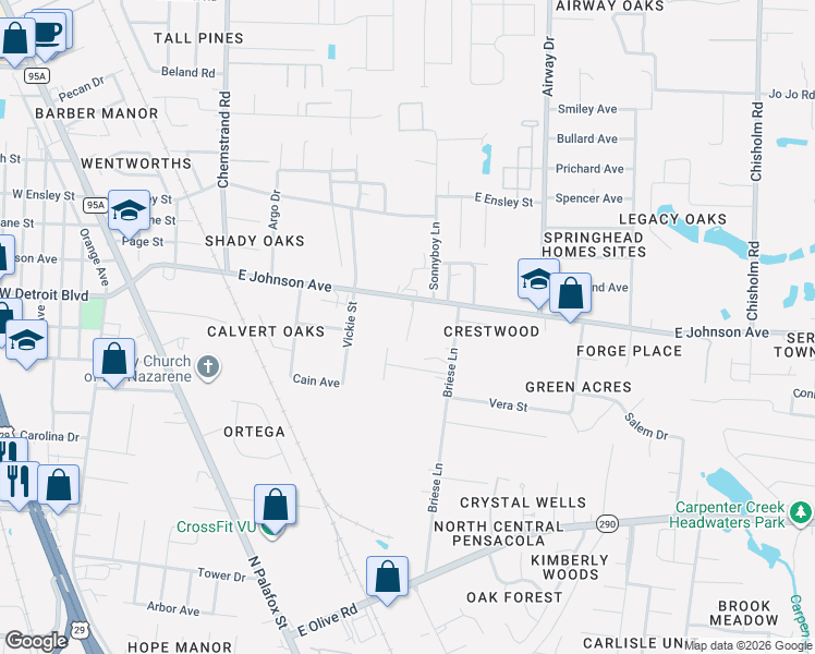 map of restaurants, bars, coffee shops, grocery stores, and more near 251 E Johnson Ave in Pensacola