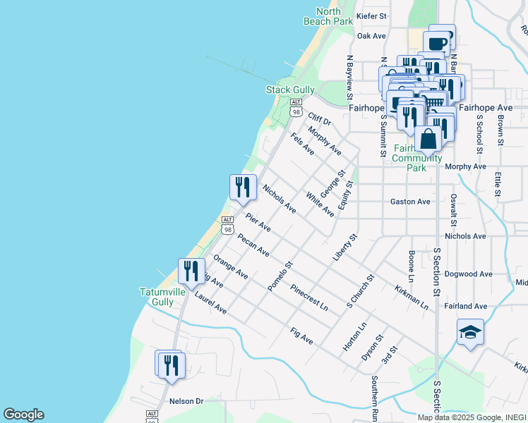 map of restaurants, bars, coffee shops, grocery stores, and more near 4 Moss Oak Court in Fairhope