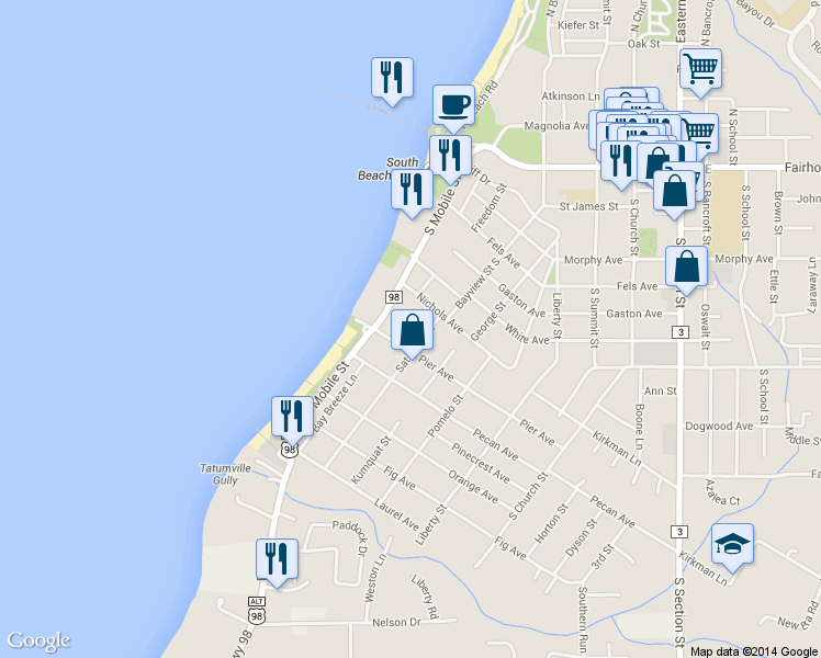 map of restaurants, bars, coffee shops, grocery stores, and more near 4 Moss Oak Court in Fairhope