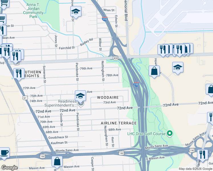 map of restaurants, bars, coffee shops, grocery stores, and more near 2738 77th Avenue in Baton Rouge