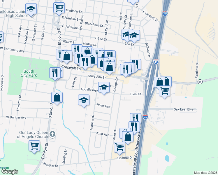 map of restaurants, bars, coffee shops, grocery stores, and more near 952 Mary Avenue in Opelousas