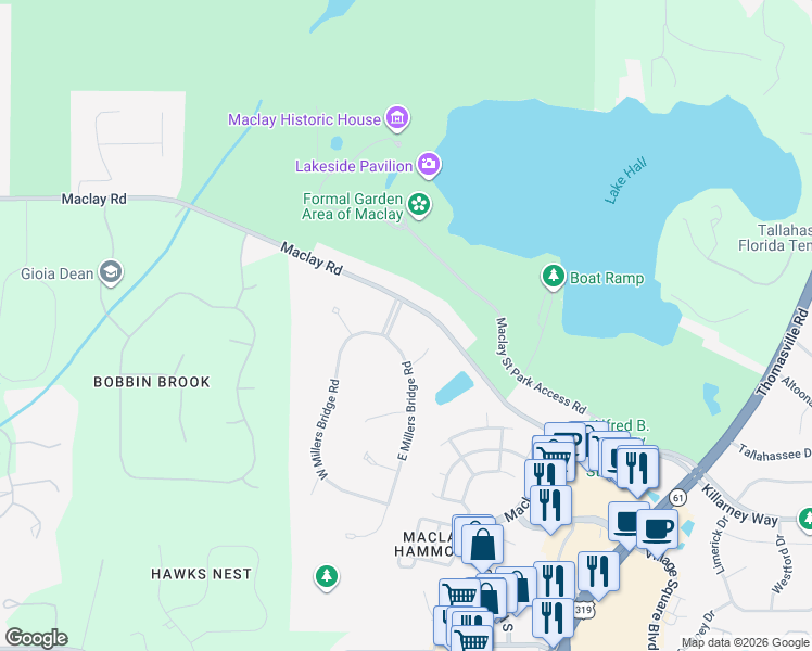 map of restaurants, bars, coffee shops, grocery stores, and more near 3763 East Millers Bridge Road in Tallahassee