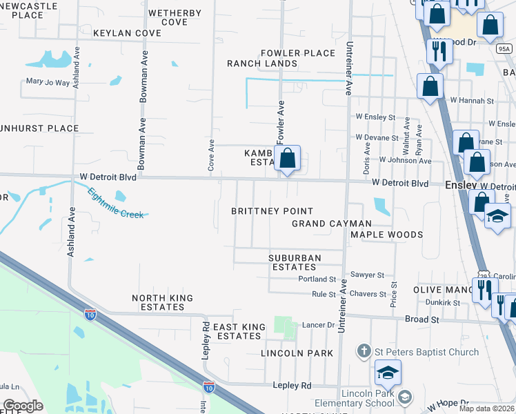 map of restaurants, bars, coffee shops, grocery stores, and more near 8257 Groveland Avenue in Pensacola