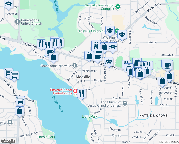 map of restaurants, bars, coffee shops, grocery stores, and more near 623 McKinney Street in Niceville