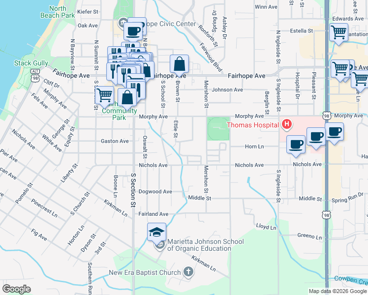 map of restaurants, bars, coffee shops, grocery stores, and more near 205 Cain Ln in Fairhope