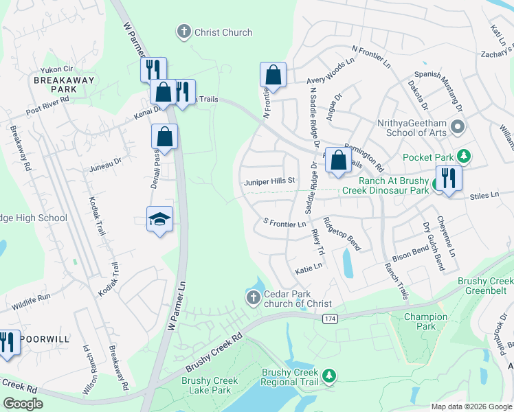 map of restaurants, bars, coffee shops, grocery stores, and more near 3704 Longhorn Acres Street in Cedar Park