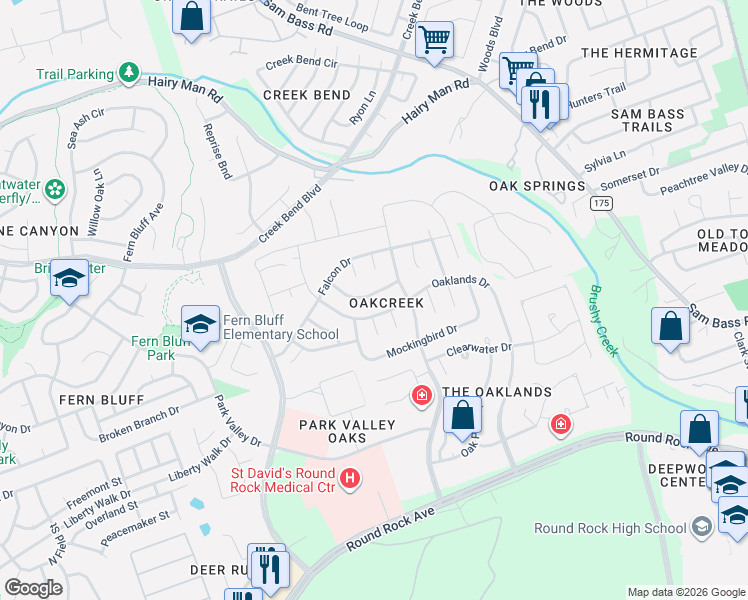 map of restaurants, bars, coffee shops, grocery stores, and more near 2411 Sparrow Drive in Round Rock